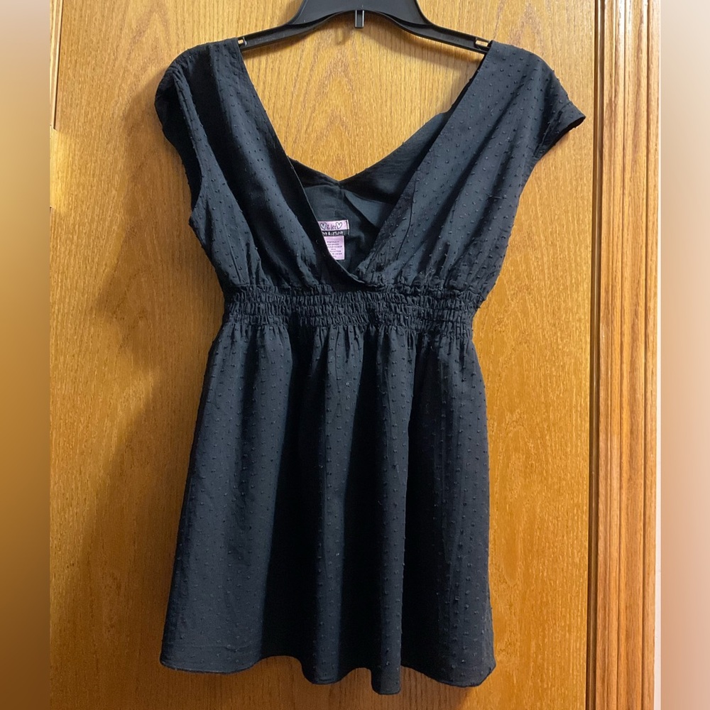 Women's Vintage Love & Let Love Black V-Neck Top with Smocking and Swiss Dots.